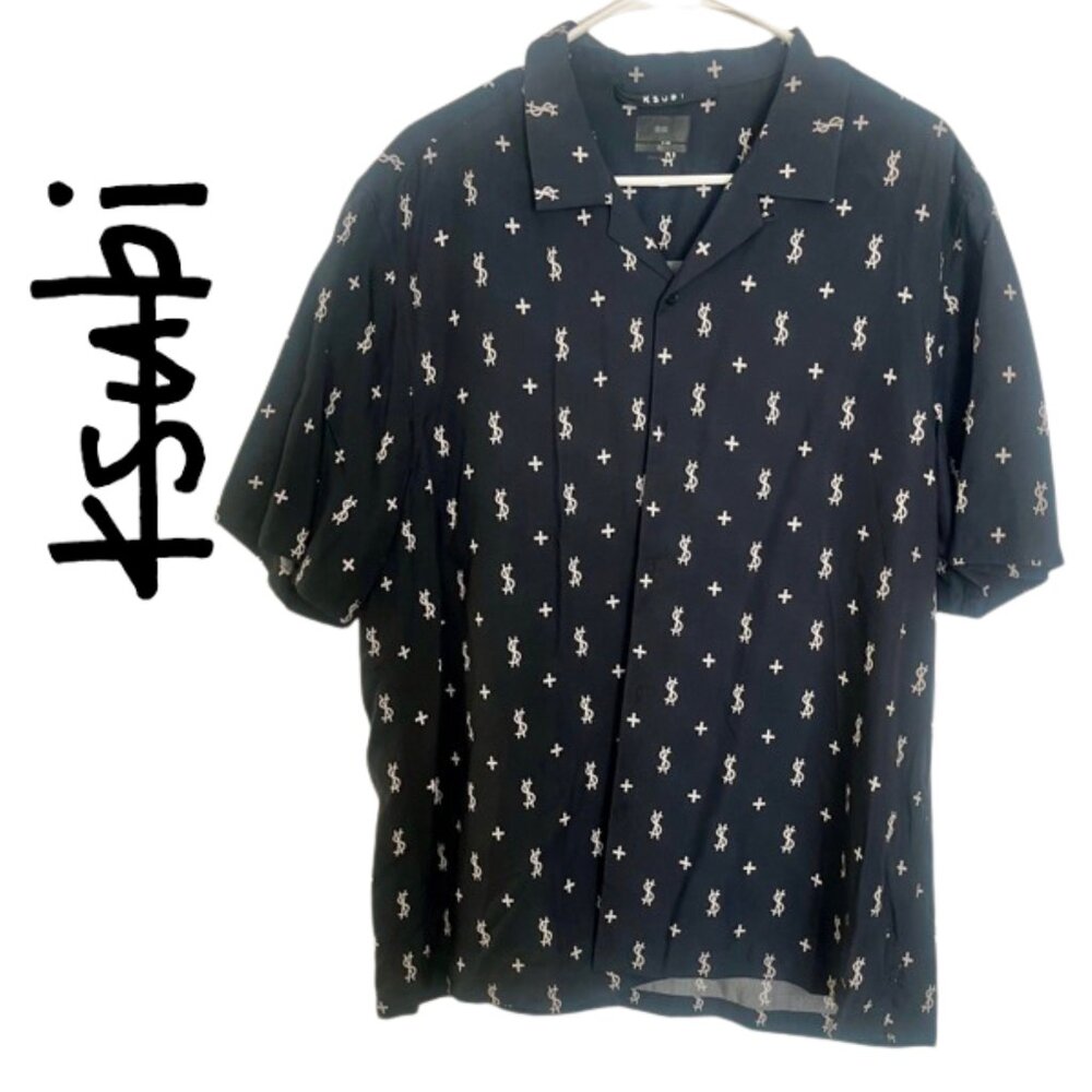 Ksubi Allstar Resort Short Sleeve Shirt Black Ksubi Cross Dollar Logos - Mens XL